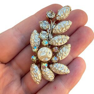 Vintage Flower Spray Brooch AB Rhinestones Pearlized Stones